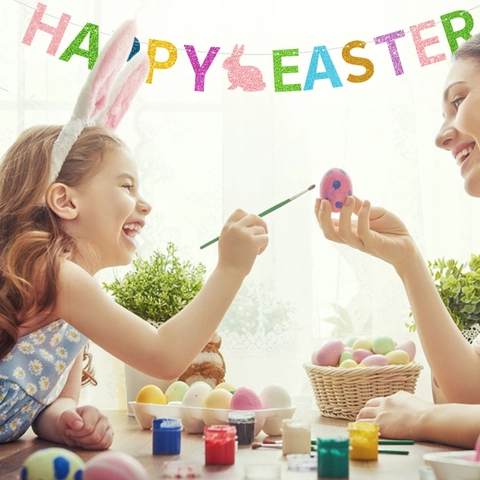 Glitzer Buntes Happy Easter Banner Hasen Girlande Girlanden Für Feiertags Party Dekoration Zuhause Innen Foto Requisite