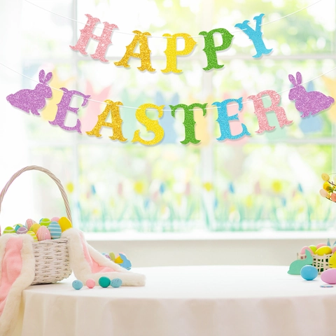 Happy Easter Banner Bunter Glitzer Papier Hase Girlande Wimpelkette Für Feiertags Party Szene Layout Dekoration Requisiten