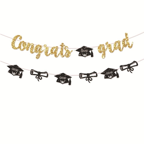 Congrats Grad Banner Graduation Party Decoration Kit With Doctoral Hat And Scroll Glitter Paper Hanging Banner For Ceremony