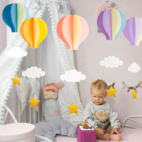 Décorations Suspendues en Papier 3D Montgolfière et Cœur Avec Nuage Étoile Paillettes pour Fête d'Anniversaire Décoration Chambre d'Enfant