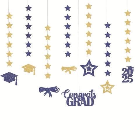 Graduation Party Decorations Congrats Grad 2025 Banner Navy Blue Gold Glitter Star Mortarboard Diploma Paper Hanging Garland For Ceremony Celebration Supplies