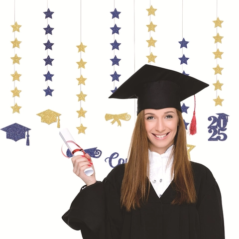Graduation Party Decorations Congrats Grad 2025 Banner Navy Blue Gold Glitter Star Mortarboard Diploma Paper Hanging Garland For Ceremony Celebration Supplies