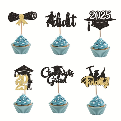 Graduation Cupcake Toppers Glitter Paper Class Of 2025 Cake Decoration Party Supplies Congrats Grad Cap Silhouette