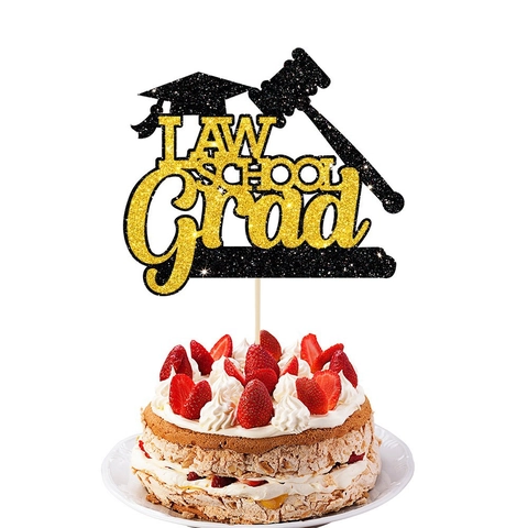 Law School Graduation Cake Topper Black Gold Glitter Grad Dessert Insert Gavel Mortarboard Party Decoration