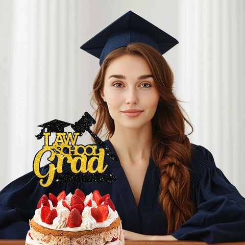 Law School Graduation Cake Topper Black Gold Glitter Grad Dessert Insert Gavel Mortarboard Party Decoration