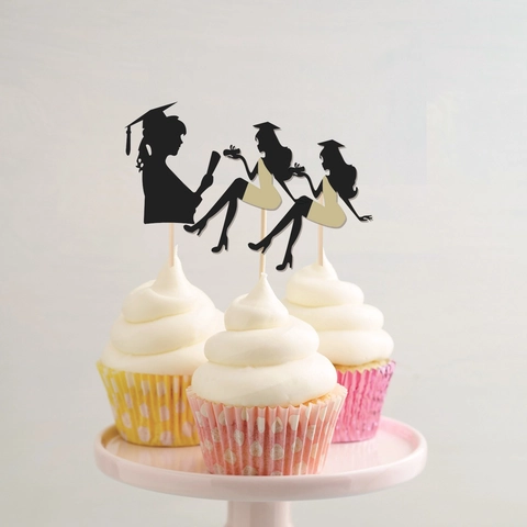Decorazione Torta Laurea Silhouette Laureata Nera Carta Legno Bastone Elegante Festa Dessert Decorazione