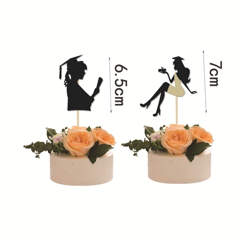 Decorazione Torta Laurea Silhouette Laureata Nera Carta Legno Bastone Elegante Festa Dessert Decorazione