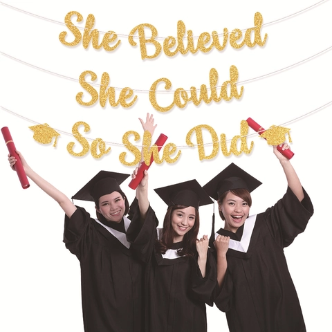 Graduation Banner She Believed She Could So She Did Glitter Paper Hanging Decoration For Party Inspirational Decor