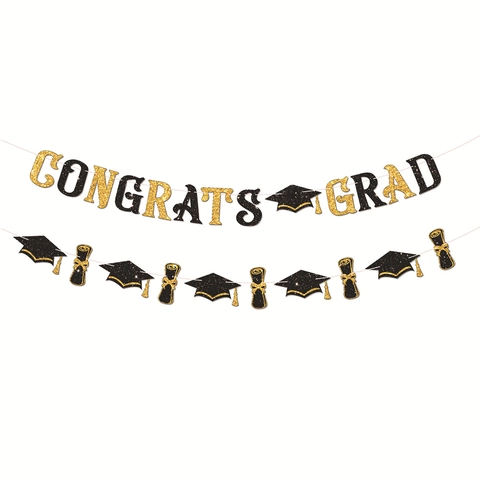 Glitter Congrats Grad Banner Graduation Party Decorations Set Graduation Cap Diploma Scroll Banners For Graduation Ceremony Celebration