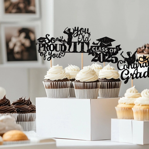 Black Glitter Graduation Cake Toppers Class Of Congrats Grad Diploma Cap Cupcake Picks For Party Decorations Graduation Decor