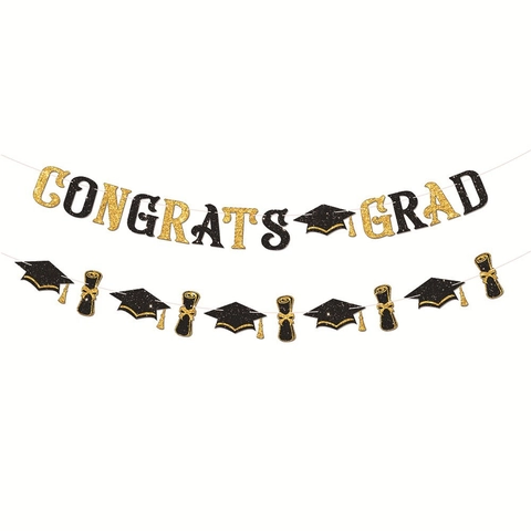 Glitter Congrats Grad Banner Graduation Party Decorations Set Graduation Cap Diploma Scroll Banners For Graduation Ceremony Celebration