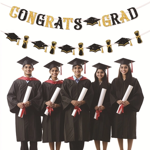 Glitter Congrats Grad Banner Graduation Party Decorations Set Graduation Cap Diploma Scroll Banners For Graduation Ceremony Celebration