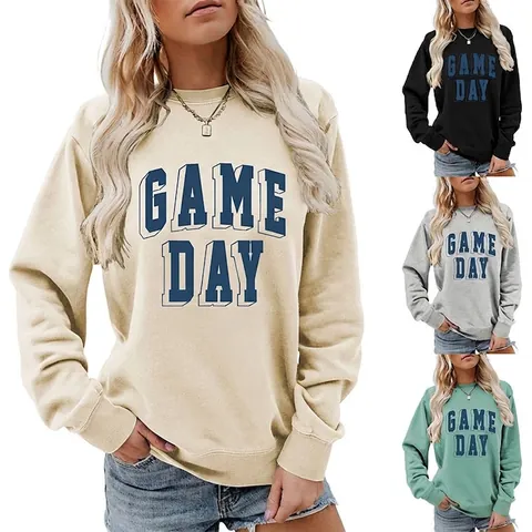 Sweat-shirt Femme Décontracté Mélange de Coton Col Rond Manches Longues Imprimé Lettres Game Day Streetwear Ample