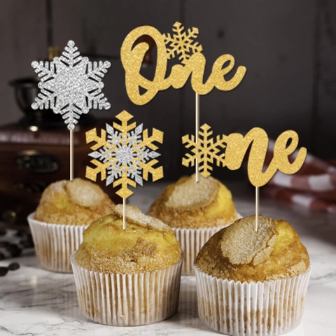 Glitter Paper Snowflake One Cake Toppers Set For First Birthday Party Christmas Winter Holiday Dessert Decorations With Wooden Picks