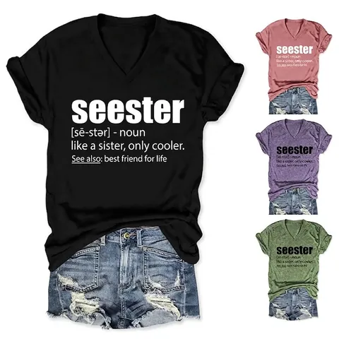 Women V Neck Short Sleeve T Shirt Seester Dictionary Graphic Print Loose Casual Cotton Blend Summer Tee Top Streetwear
