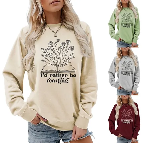 Women Sweatshirt Long Sleeve Crew Neck Cotton Blend Pullover Casual Streetwear Floral Book Print Reading Slogan Top