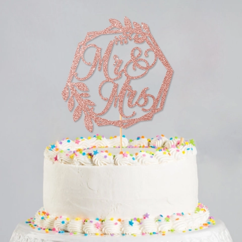 Glitter Mr And Mrs Cake Topper Hexagon Geometric Frame Leaf Design Wedding Anniversary Birthday Party Cake Decoration