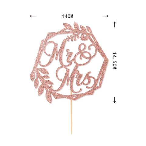 Glitter Mr And Mrs Cake Topper Hexagon Geometric Frame Leaf Design Wedding Anniversary Birthday Party Cake Decoration