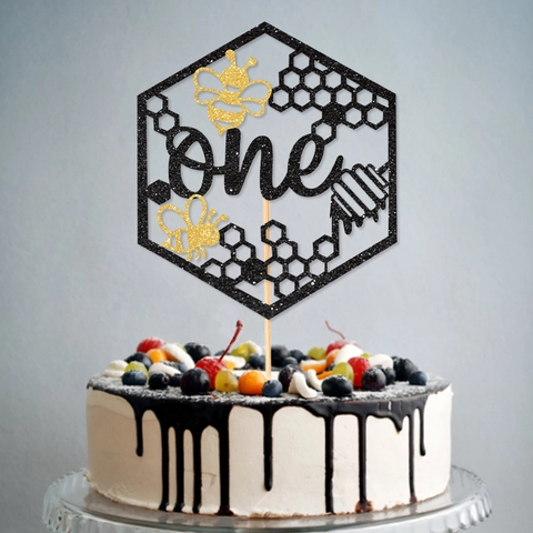 Bee One Hexagon Cake Topper Gold Glitter Paper Beehive Theme First Birthday Party Decoration For Kids Cake Decor Supply