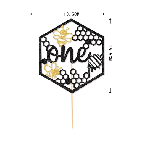 Bee One Hexagon Cake Topper Gold Glitter Paper Beehive Theme First Birthday Party Decoration For Kids Cake Decor Supply