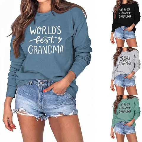 Felpa da Donna World's Best Grandma Stampa Lettere Cuore Casual Girocollo Manica Lunga Misto Cotone Pullover Jumper Top