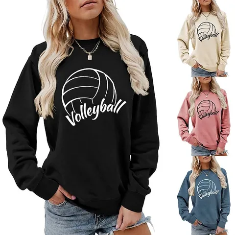 Volleyball Graphic Print Crew Neck Sweatshirt Cotton Blend Loose Fit Long Sleeve Pullover Sporty Casual Top For Women
