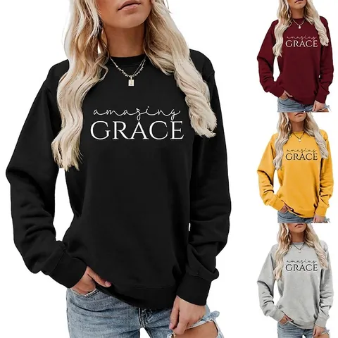 Amazing Grace Druck Damen Sweatshirt Casual Langarm Rundhals Pullover Baumwollmischung Drop Shoulder Top