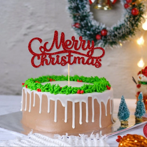Decorazione per Torta Merry Christmas Glitter Rosso Carta Forniture Festive per Feste Decorazione Cottura Torte Ornamenti