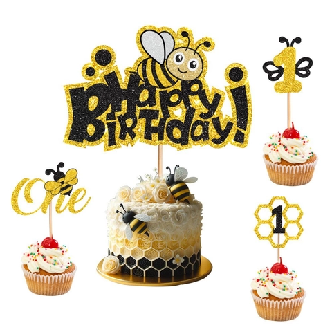 Decorazioni per Torta Compleanno a Tema Ape Brillantini Oro Nero Cartone Animato Cupcake Inserti per Festa di Bambini