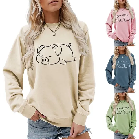 Dames Casual Lange Mouw Ronde Hals Sweatshirt Cartoon Slapend Varken Bedrukt Katoenmix Losse Pullover Top Streetwear