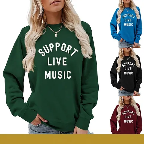 Damen Casual Baumwollmischung Sweatshirt Langarm Rundhals Locker Pullover Support Live Music Druck Streetwear Top