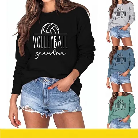 Sweatshirt Volleyball Grandma Femme Mélange De Coton Col Rond Manches Longues Sport Décontracté Pull Poignets Nervurés