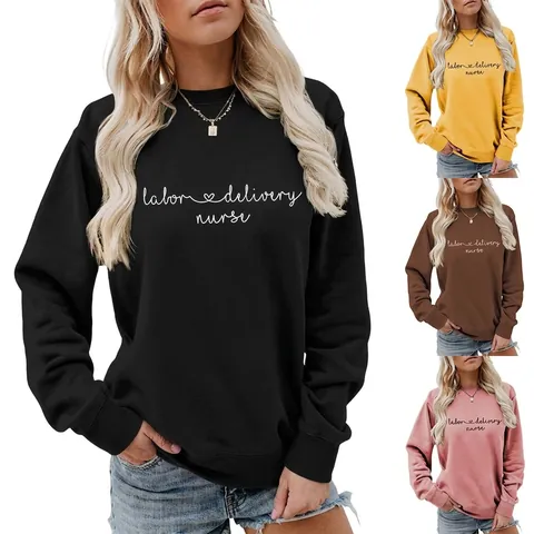 Sweatshirt Femme Col Rond Manches Longues Imprimé Lettres Labor Delivery Nurse Pull Décontracté