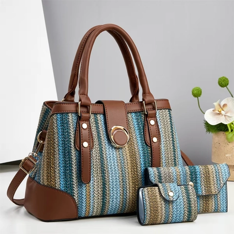 Set di 3 Borse da Donna alla Moda in Pelle PU Intrecciata a Righe Con Portafoglio e Porta Carte per Uso Quotidiano Casual