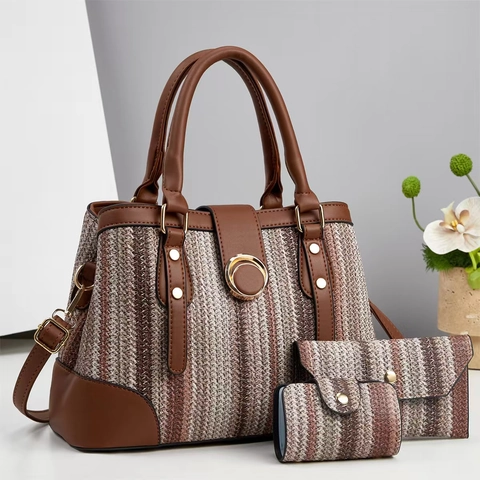 Set di 3 Borse da Donna alla Moda in Pelle PU Intrecciata a Righe Con Portafoglio e Porta Carte per Uso Quotidiano Casual