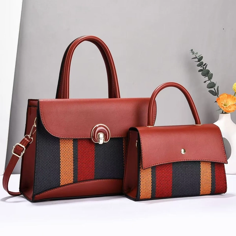 Handbag And Small Pouch PU Leather Striped Woven Fabric Contrast Color Large Capacity Business Commuter Tote Bag