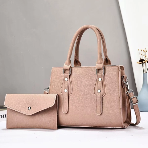Sac à Main Femme en Cuir PU Avec Portefeuille Assorti Grain Litchi Grande Capacité Sac à Bandoulière Style Simple