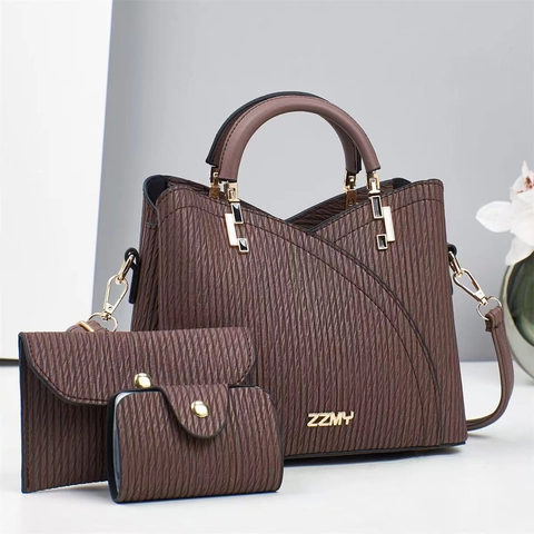 Women Korean Style PU Leather Handbag And Long Wallet And Card Holder Set With Vertical Texture Gold Hardware Fashion Bag