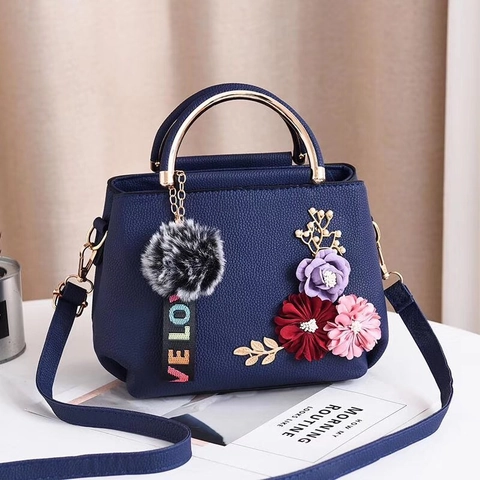 Women Litchi Texture PU Leather Handbag With 3D Flower Decor Metal Circular Handle Crossbody Shoulder Bag Pom Pom Keychain