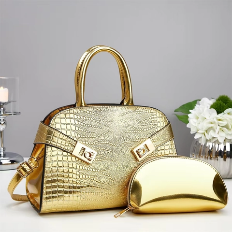 Glossy PU Leather Crocodile Pattern Handbag And Pouch Elegant Crossbody Shoulder Bag For Women Fashion Tote