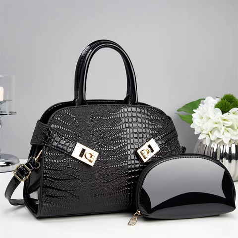 Glossy PU Leather Crocodile Pattern Handbag And Pouch Elegant Crossbody Shoulder Bag For Women Fashion Tote