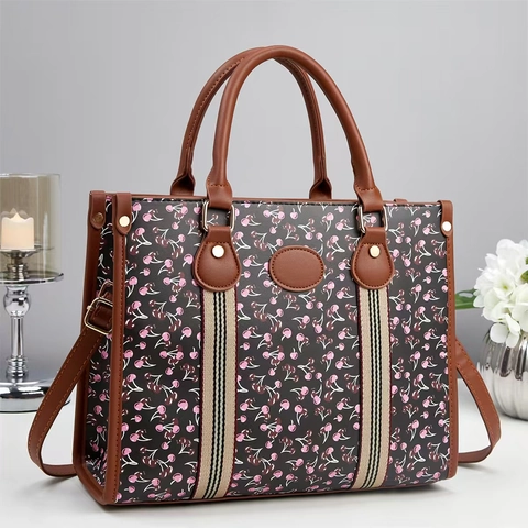 Women Elegant Cherry Print Tote Bag PU Leather Large Capacity Handbag With Detachable Shoulder Strap Daily Fashion