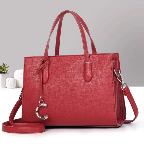 Women Lychee Grain PU Leather Handbag Large Capacity Tote With Metal C Pendant Detachable Shoulder Strap Daily Versatile