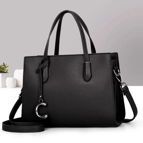 Women Lychee Grain PU Leather Handbag Large Capacity Tote With Metal C Pendant Detachable Shoulder Strap Daily Versatile