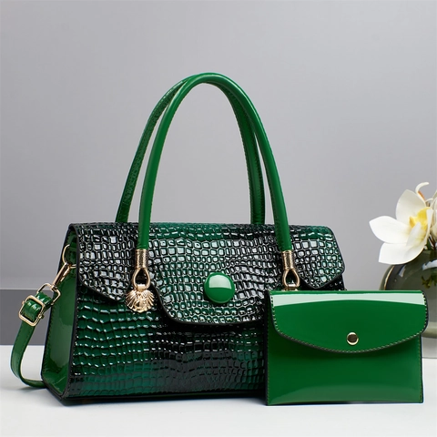 Sac À Main Et Pochette En Cuir Verni Pour Femme Motif Crocodile Retro Sac À Bandoulière Élégant Mode Pour Dame