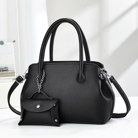 Lychee Grain PU Leather Handbag And Mini Coin Purse With Detachable Shoulder Strap Minimalist Commuter Bag For Women