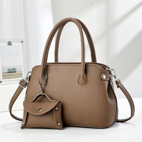 Lychee Grain PU Leather Handbag And Mini Coin Purse With Detachable Shoulder Strap Minimalist Commuter Bag For Women