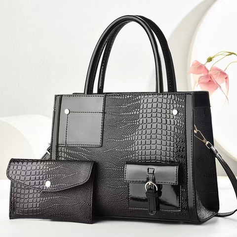 Women Crocodile Pattern Handbag And Pouch PU Leather Top Handle Crossbody Purse For Daily Work Shoulder Bag Elegant