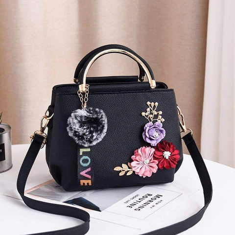 Mode Damen Handtasche PU Leder Lychee Muster 3D Blume Metallgriff Schulter Umhängetasche Pom Pom Schlüsselanhänger Zubehör