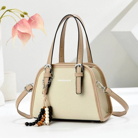 Women Fashion Patchwork Handbag Polyester PU Contrast Color Shoulder Bag With Wood Bead Tassel Letter Print Boston Bag